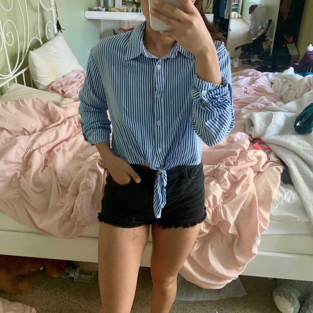 Button up striped with waist tie